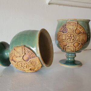 Vintage Studio Pottery Irish Chalice With Celtic Cross (Set Of 2)